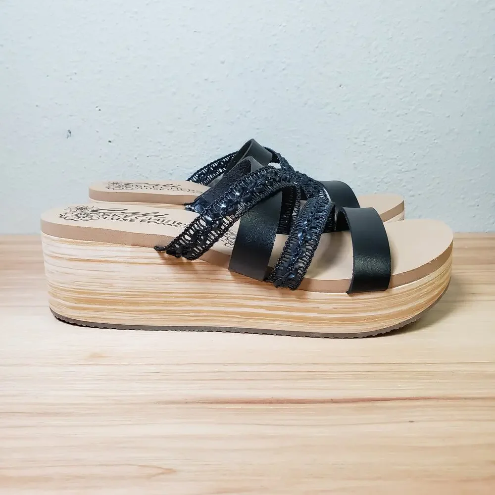 Skechers Size 8.5 Summers Strappy Platform Slide Sandal Black Chunky Comfort NWT